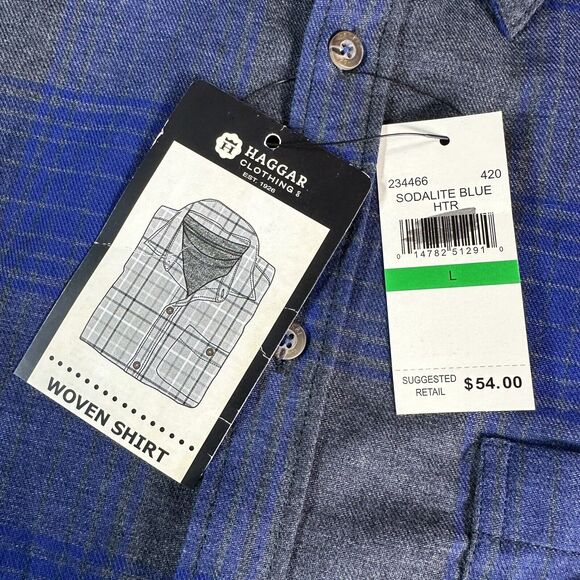 NEW Haggar Mens Size Large Blue Gray Plaid Woven Button Up Long Sleeve Shirt NWT - Picture 5 of 7